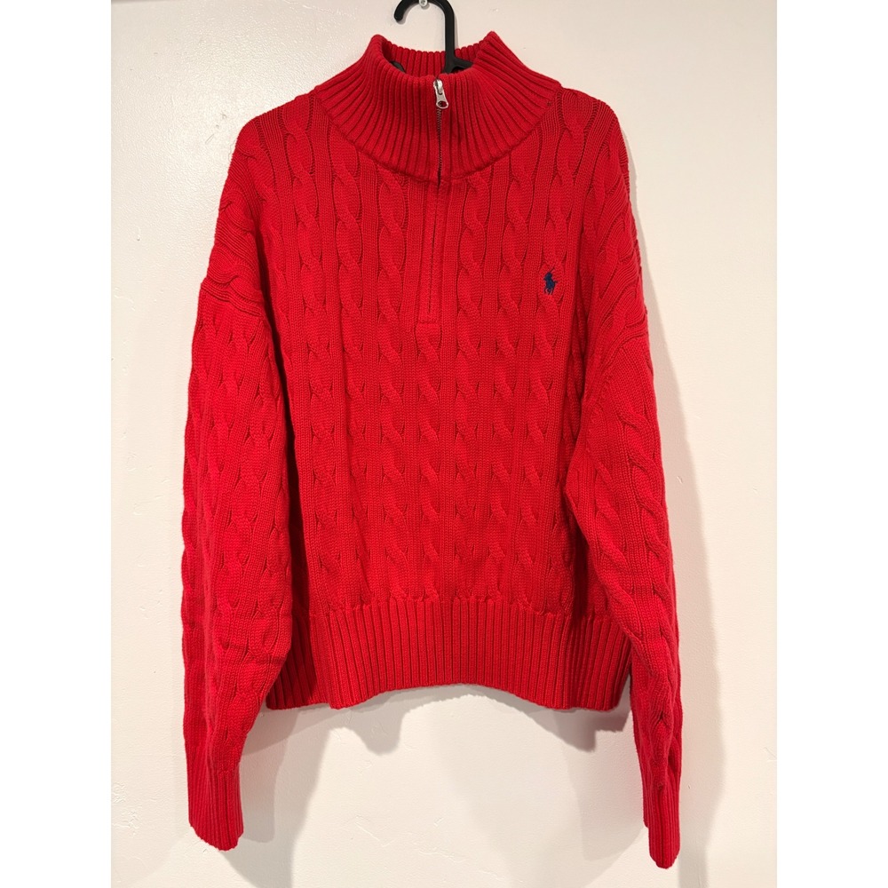Polo Ralph Lauren Red Cable Knit Quarter Zip Cotton Sweater Womens XL